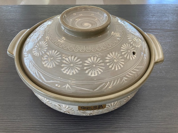 【未使用新品】特大土鍋 花三島 土鍋 10号 5~6人用 大容量 直火可 万古焼 中古美品(2-1)