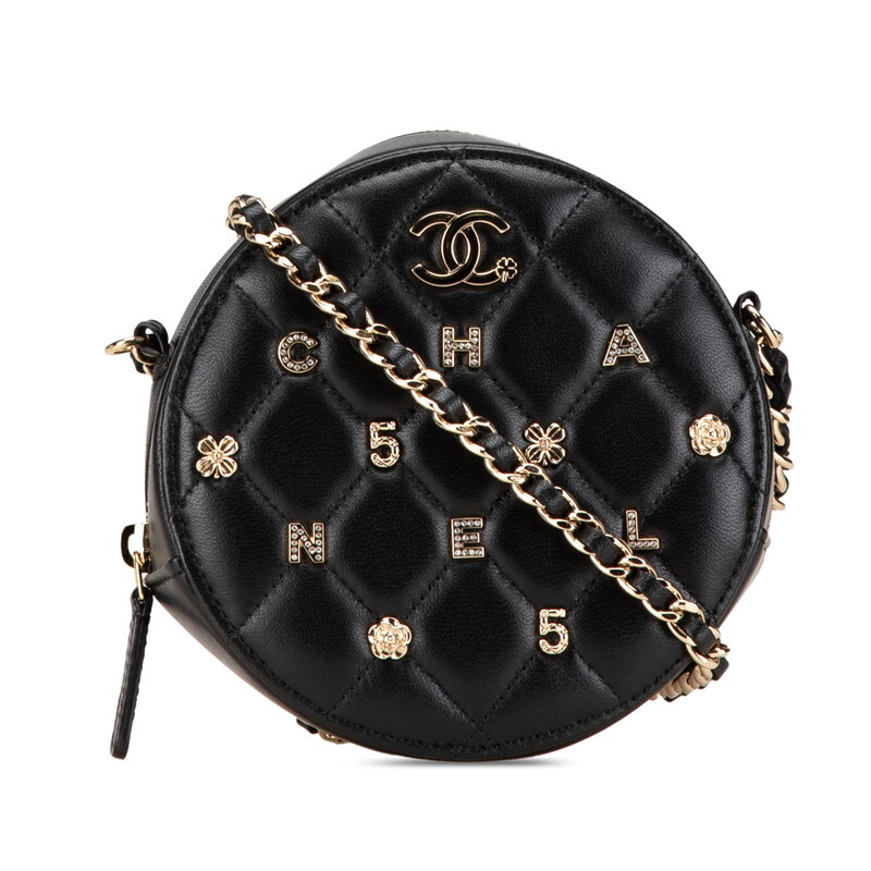 シャネル マトラッセ アイコン ラウンド型 斜め掛け チェーン ショルダーバッグ ブラック ラムスキン レディース CHANEL 【中古】