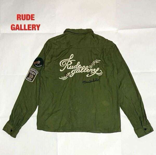 【希少】RUDE GALLERY ルードギャラリー レーヨンシャツ オープンカラーシャツ 刺繍ロゴ ワッペン スカル 胸ポケット ユニセックス