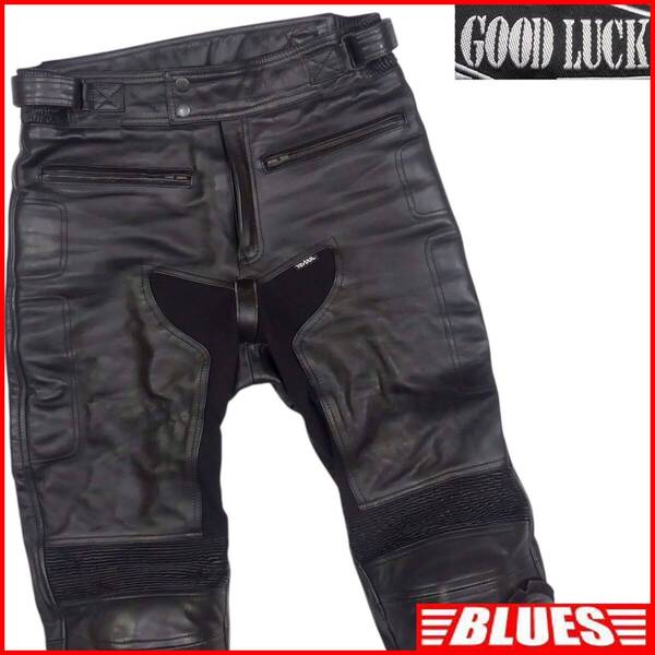 即決★GOOD LUCK★メンズ XXL レザーライディングパンツ グッドラック 黒 ハードパッド 本革 ライダースパンツ 本皮 ヒザパッド ツーリング