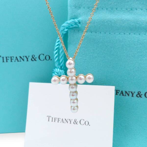 未使用 希少 Tiffany&Co. ティファニー イエロー ゴールド パール クロス ネックレス 750 K18 十字架 真珠 YO422