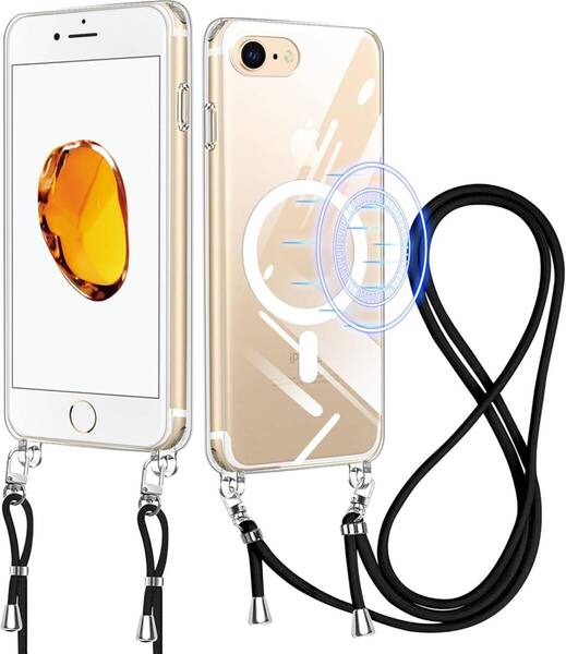iPhone 7 / 8 用 ケース クリア ショルダー MagSafe対応 スマホケース ワイヤレス充電 カバー 肩掛け 斜めかけ 縄掛けケース (透明)