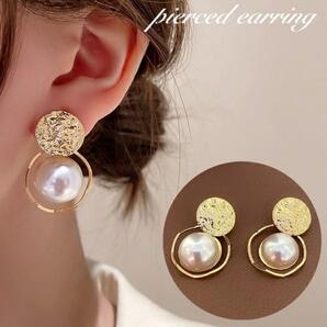 ゴールド大粒フェイクパールピアス 韓国風 上品アクセ #0139