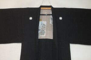 弐10190 本絹羽二重男黒紋付羽織 裄70丈94 К丸に違い鷹の羽