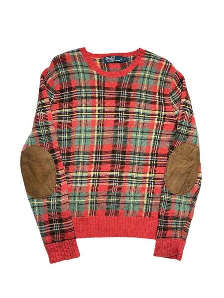 90s RALPHLAUREN ラルフローレン チェックニット レザー エルボー ウール 100% L