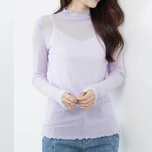 M~L メロウ シアー ハイネックトップス レディース インナー きれいめ オシャレ 長袖 40代 50代 60代 コーデ/ラベンダー/C31-385C