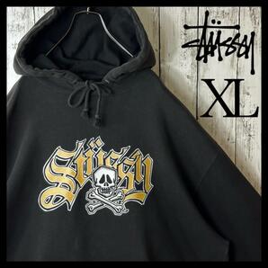 【USA製】オールド ステューシー センターロゴ パーカー XL ドクロ 髑髏 STUSSY