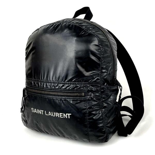 希少■SAINT LAURENT サンローラン リュック ロゴ バックパック シルバー金具 ナイロン ビニール 黒 ブラック フォーマル 男女兼用 大容量