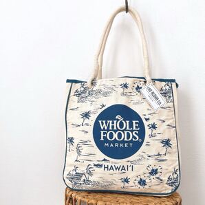 新品ホールフーズマーケットWHOLE FOODS MARKETエコバッグ お土産トートバッグ白ホワイト青カイルアhawaiiハワイ ダークブルー ヤシ