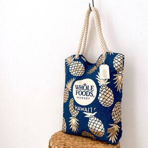 新品ホールフーズマーケットWHOLE FOODS MARKETエコバッグ お土産トートバッグ青ブルーKAILUAカイルア ハワイhawaiiパイナップル