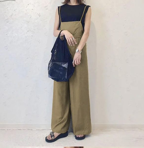 【新品】オールインワン パンツ カーキ ブラウン ゆったり サロペット フリーサイズ