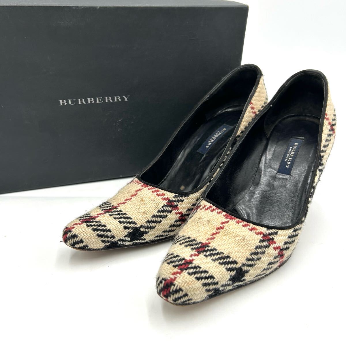 ■ 箱付き \'イタリア製\' 高級感溢れる BURBERRY バーバリー チェック柄 ヒール パンプス US4 21cm レディース 婦人靴 シューズ ベージュ系