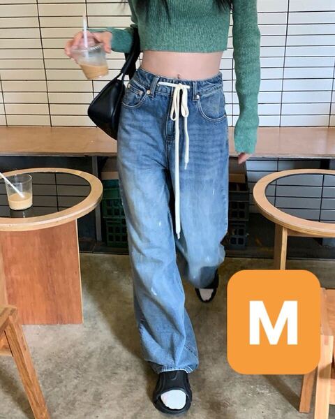 デニム ワイドレッグ ジーンズ ワイドパンツ ルーズパンツ フレアパンツ トレンド 人気商品 オルチャン 渋谷 ストリート ブルー M