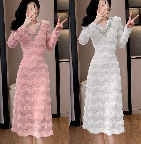 ロングワンピース 長袖 フリル ドレス レディース XL ホワイト