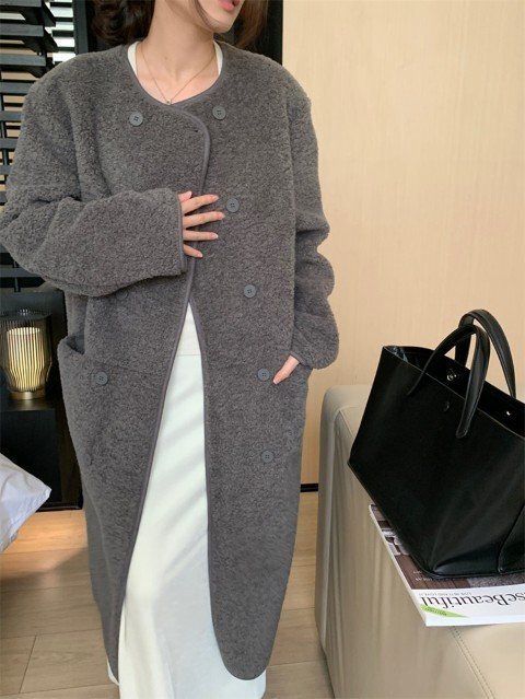 ロングコート アウター 羽織 長袖 シンプル ラウンドネック 丸首 きれいめ オフィスカジュアル ワンサイズ グレー ロングコート アウター 羽織 長袖 シンプル ラウンドネック 丸首 きれいめ オフィスカジュアル ワンサイズ グレー