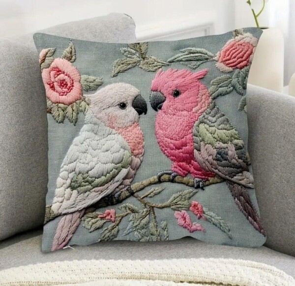 クッションカバー モモイロインA 刺繍 麻調 45cm 鳥の雑貨 HANAKO