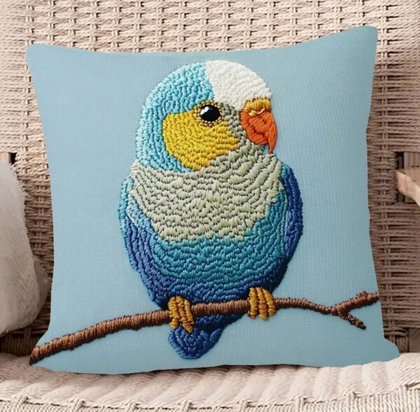 クッションカバー セキセイインコK 刺繍風 45cm 鳥の雑貨 HANAKO