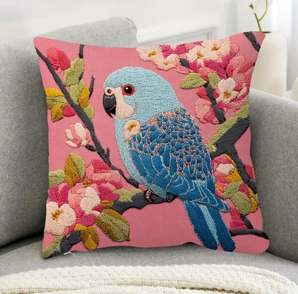 クッションカバー セキセイインコJ 刺繍風 45cm 鳥の雑貨 HANAKO