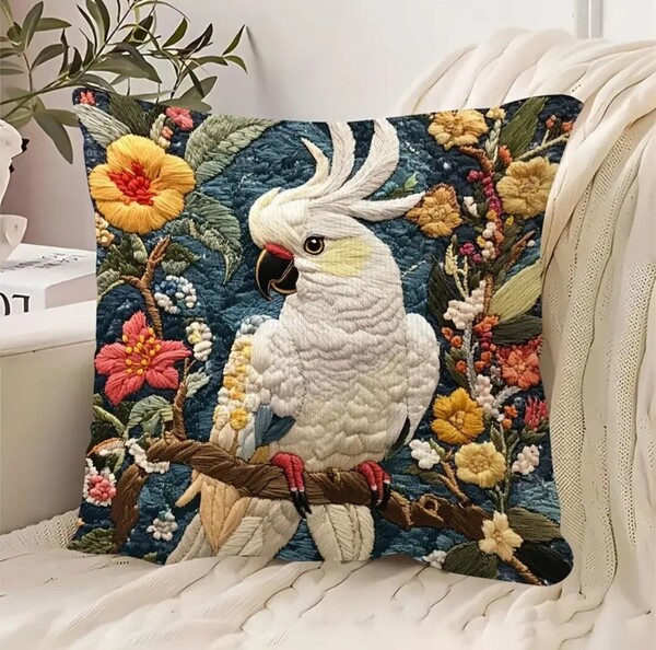 クッションカバー 白いオウムA 刺繍 麻調 45cm 鳥の雑貨 HANAKO