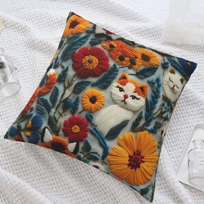 クッションカバー 三毛猫B 刺繍風 45cm 猫の雑貨 HANAKO