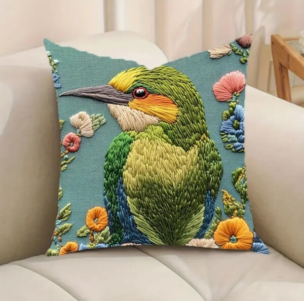 クッションカバー カワセミ 刺繍風 45cm 鳥の雑貨 HANAKO