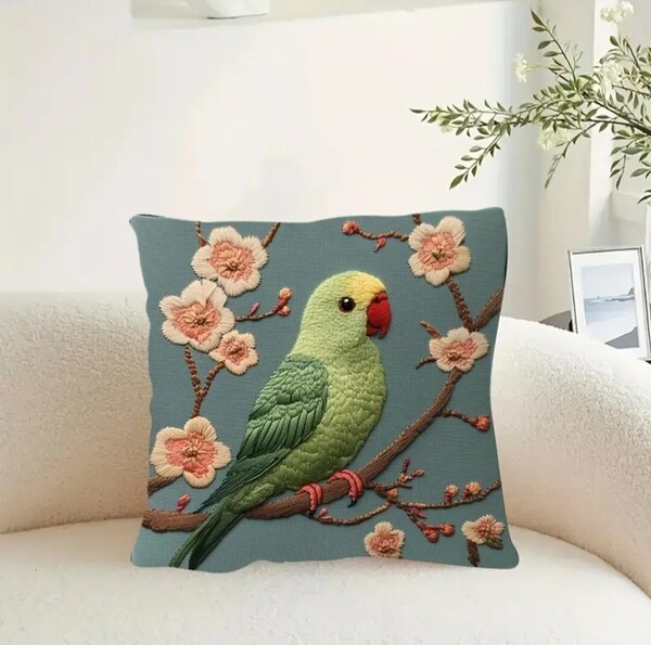 クッションカバー コザクラインコC 刺繍 麻調 45cm 鳥の雑貨 HANAKO