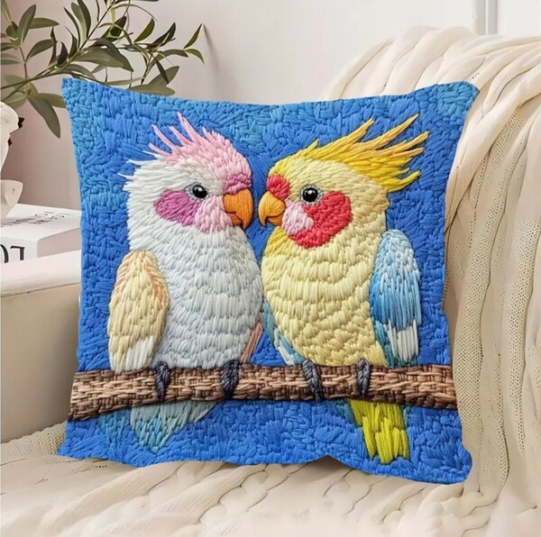 クッションカバー オカメインコD 刺繍風 45cm 鳥の雑貨 HANAKO