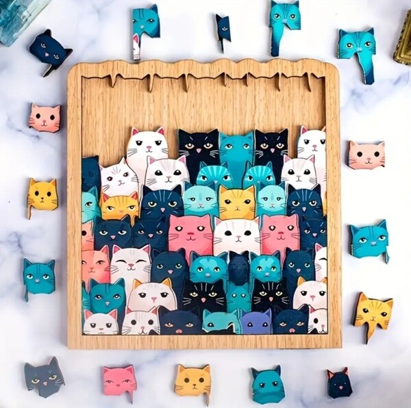 猫の雑貨 HANAKO 木製パズル 猫B 62匹の猫 枠付き スタンド付き