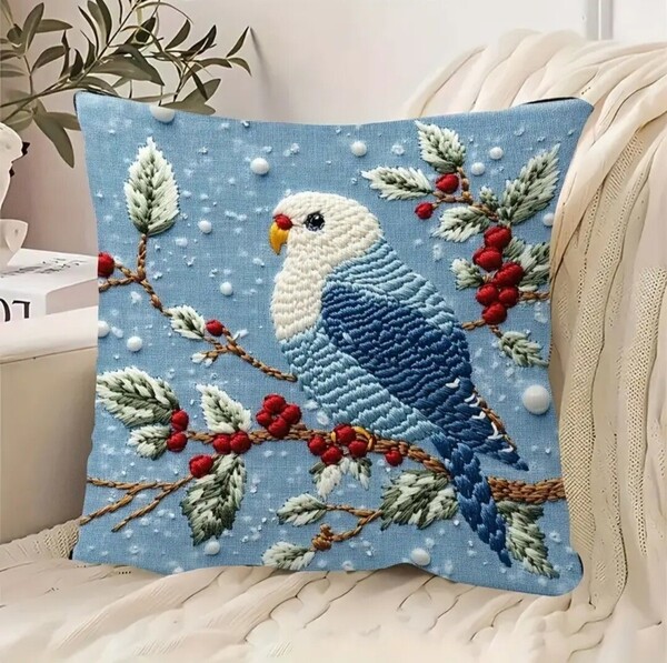クッションカバー インコG 刺繍風 45cm 鳥の雑貨 HANAKO