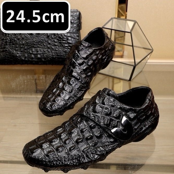 ☆最高級 クロコダイル柄 紳士 ビジネスシューズ ブラック 24.5cm 牛革 メンズ ラウンドヘッド レザーシューズ 【194】