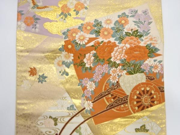 ys7297930; 色紙に花車・鶴模様織り出し 袋帯【着】 ys7297930; 色紙に花車・鶴模様織り出し 袋帯【着】
