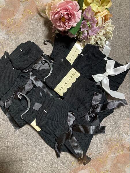 新品☆ニーハイソックス リボン 22〜25cm 靴下 5足セット ブラック セクシー 可愛い