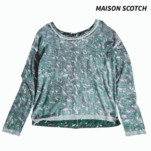MAISON SCOTCH ラメ混・薄手コットンニット 表記サイズ2 M 緑・白・黒 ドロップショルダー 身幅ゆったり 68529