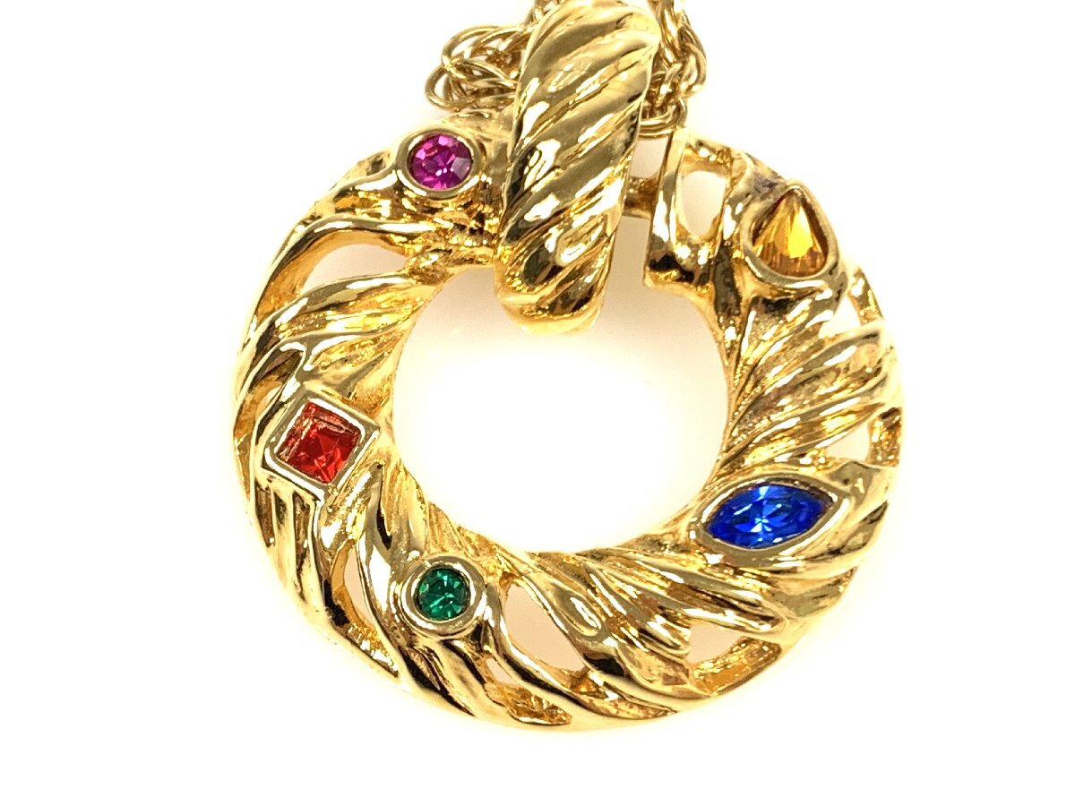 美品 YSL イブ・サンローラン マルチカラーストーン フレンチロープ ネックレス ペンダント ゴールドカラー YAS-9371