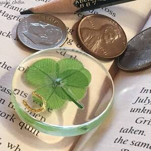 四葉のクローバー ポケットトークン 幸運を呼ぶ金の蹄鉄 お守り プリザーブドリーフ 3.2cm 樹脂 丸型 円形 クリア 縁起物