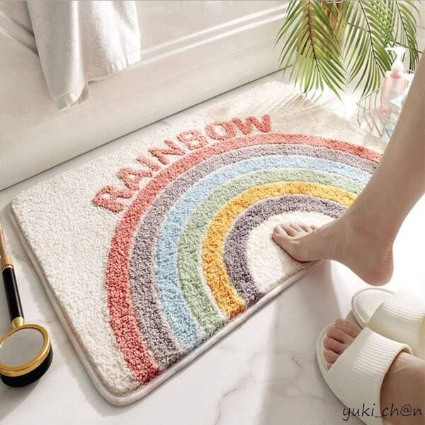 玄関マット お風呂マット バスマット 浴槽マット 洗面所マット 50cm×80cm 虹柄 可愛い 室内 おしゃれ ふわふわ 洗える
