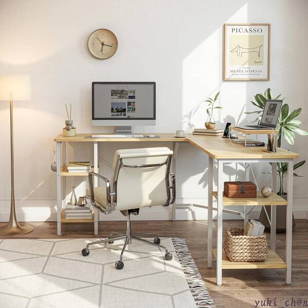 デスク L字デスク ラック付きデスク ゲーミングデスク パソコンデスク モニター台付き 128cm × 128cm ナチュラル