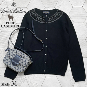 ◆定価5万円 ブルックスブラザーズ【Brooks Brothers】カシミヤ100% ビジュー装飾 クルーネックカーディガン 黒 Mサイズ ◆