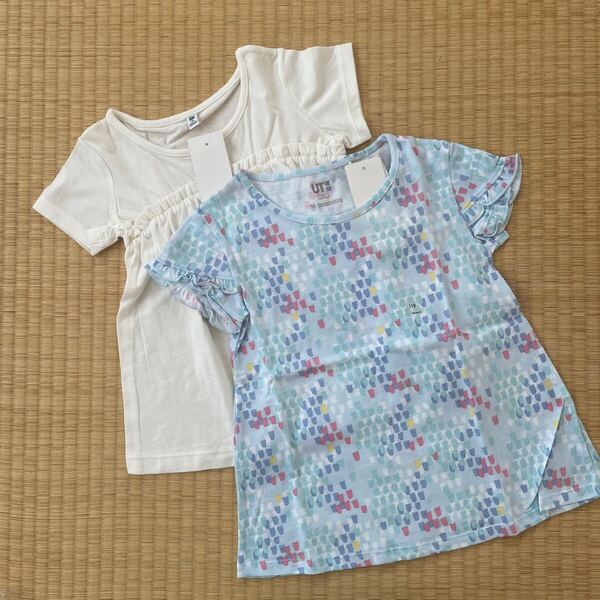 ユニクロ ギャザーフリルクルーネックT オフホワイト &チュニック ブルー 110センチ 半袖 Tシャツ トップス