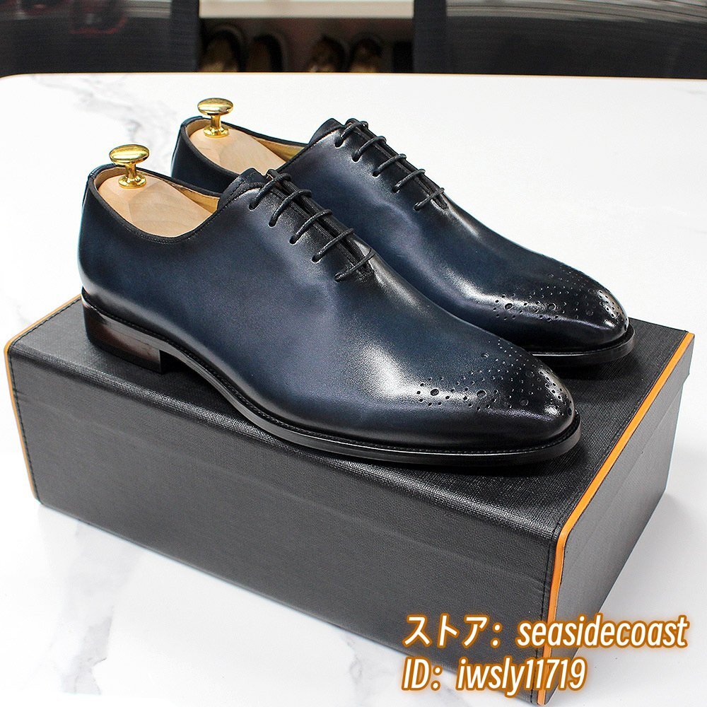 定価9万超■最高級 牛革 ビジネスシューズ 超希少 本革 レザーシューズ 職人手作り 彫り フォーマル 革靴 紳士靴 結婚式 ブルー 28.0cm