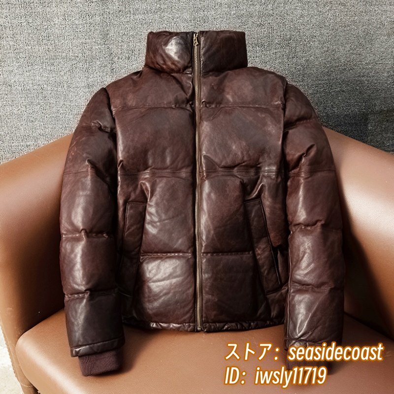 43万 最上級ナッパ ダウンジャケット 本革 ライダース 羊革 ダウンコート 厚手 超レア イタリアンレザー*designer プレミアム 超防寒 M