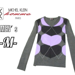 送料込み メンズM◇MICHEL KLEIN◇ハート柄Vネック薄手ニット gray アクリル ウール