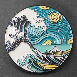 《荒波星月夜風アート円型》■ 新品■ゴッホ 北斎 芸術 アート 星月夜 富嶽三十六景 ピンバッジ■おしゃれ ファッション