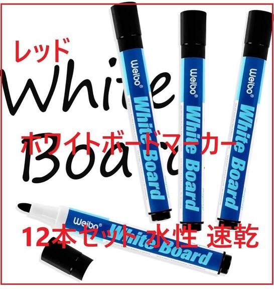レッド ホワイトボードマーカー 12本セット 水性 速乾マーカーペン 中字 防水 赤