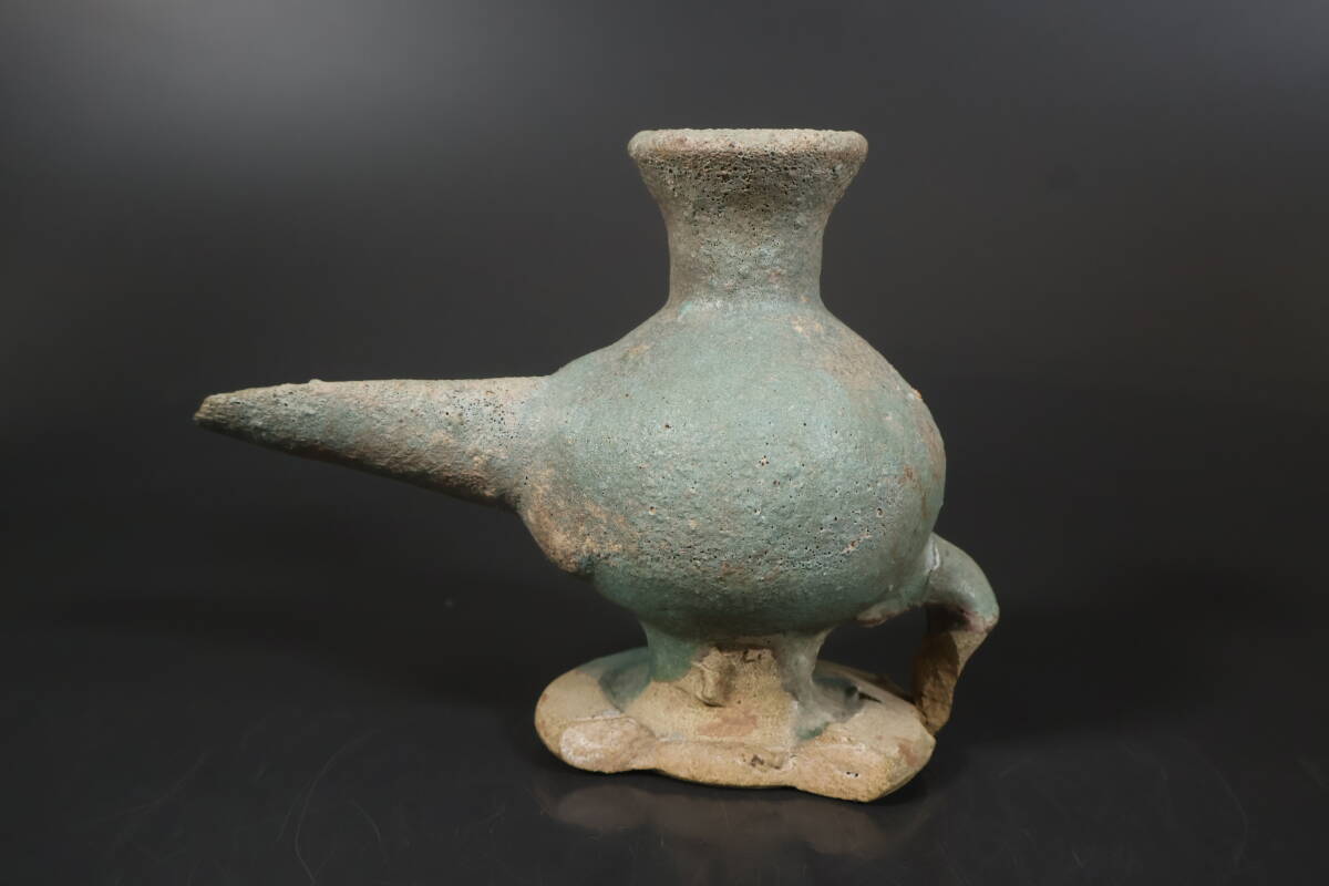 ペルシャ古陶 】 出土灯火器 青釉銀化 イスラム陶 O0628B