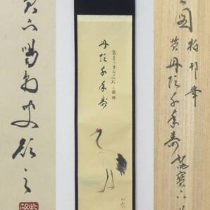 ≪真作≫【A0665】書画 茶掛 掛軸 高園柏邨画 立鶴之図 臨済宗 前大徳 龍源院 細合喝堂 画賛 『丹頂千年寿』 共箱 即決 送料込み