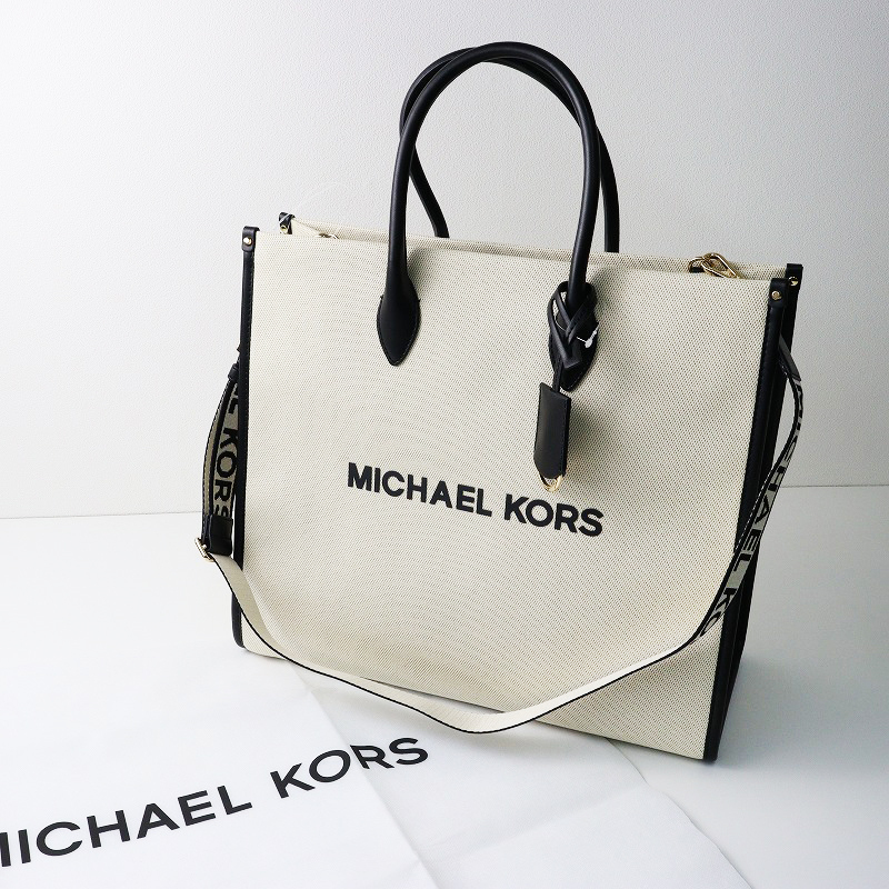 新品未使用 マイケルコース MICHAELKORS MILLERA LG NS TOTE トートバッグ/アイボリー ブラック キャンバス×レザー【2400014254334】