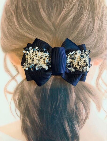 【ハンドメイド】ツイードリボンバレッタ☆ヘアアクセサリー314