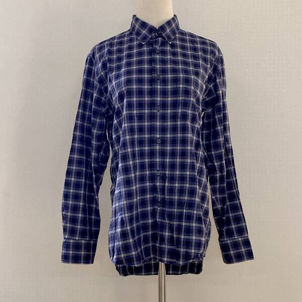 Z2014 美品 UNIQLO(ユニクロ) メンズ トップス シャツ 長袖 胸ポケット M ネイビー 紺 チェック柄 綿100% カジュアル オールシーズン