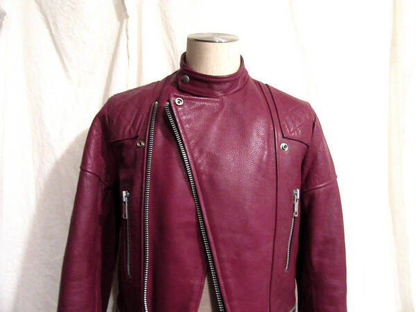 英国製Wolf Leathers ビンテージUKライダース 表記38 実寸身幅50~51cm ウルフレザー バーガンディー ワインレッド ロンジャン セミダブル
